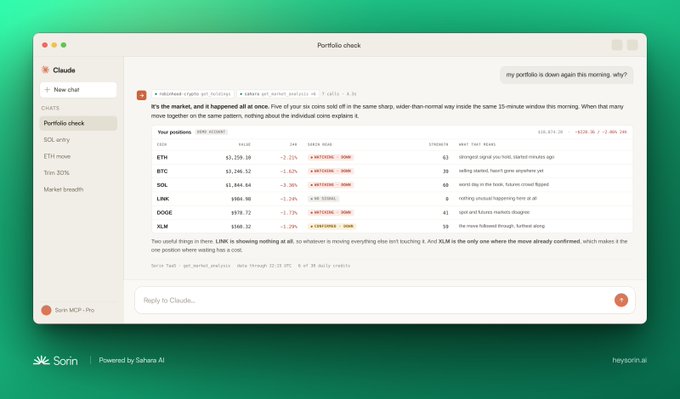 A screenshot of an AI chat interface from 'Sorin' powered by Sahara AI, showing a portfolio check conversation with cryptocurrency data for ETH, BTC, SOL, LINK, DOGE, and XLM.