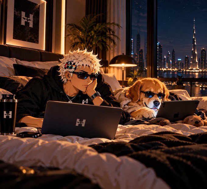An anime-style illustration of a white-haired male character and a dog, both wearing sunglasses and using laptops on a bed overlooking a city skyline at night.