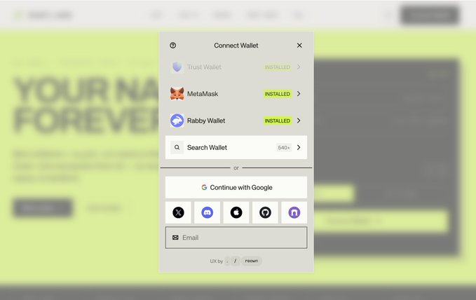 A 'Connect Wallet' popup interface listing installed wallets including Trust Wallet, MetaMask, and Rabby Wallet, with options to continue with Google, social logins, or email.