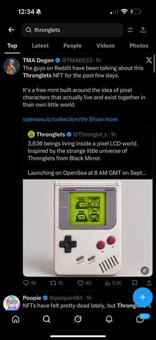 A Twitter (X) search results page for "thronglets," showing a post by TMA Degen discussing a free mint NFT inspired by "Black Mirror," alongside an image of a Tamagotchi-style digital pet device.
