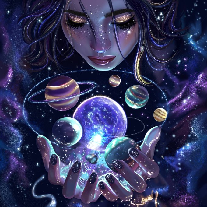 A digital illustration depicts a woman with closed eyes and glittery starry makeup holding a glowing cosmic orb with planets orbiting in her hands, set against a purple galaxy background.