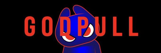 A dark graphic featuring a blue cartoon cat character with glowing red eyes and red ears, overlaid with the bold red text 'GOD PULL'.