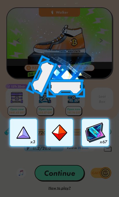 Mobile game screen showing a 'Walker' Bitcoin sneaker NFT being claimed, with refill options for purple (x3) and red (x6) gems above a 'Continue' button.