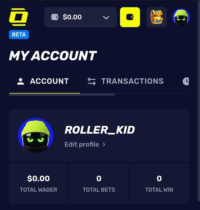 A dark-themed account dashboard for user 'ROLLER_KID' showing $0.00 total wager, 0 total bets, and 0 total win, with navigation tabs for Account and Transactions.