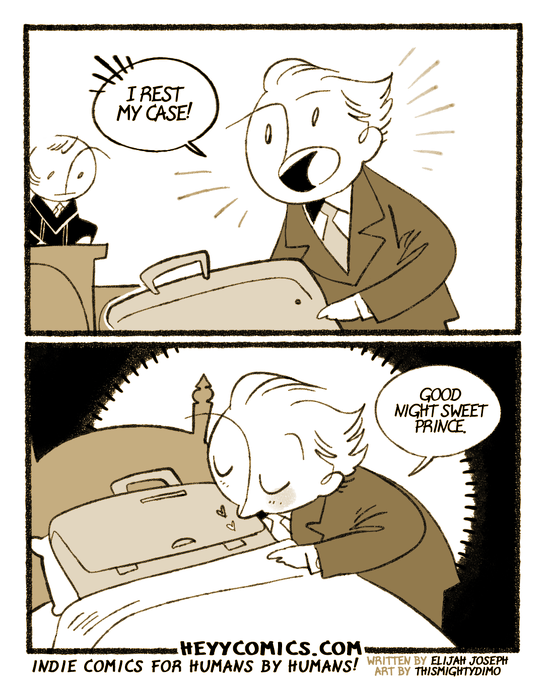 A two-panel comic shows a lawyer triumphantly exclaiming "I REST MY CASE!" in the first panel, then tenderly kissing a briefcase goodnight in the second with "GOOD NIGHT SWEET PRINCE." 

The image humorously connects to the post's message about market traders passionately committing to their positions until a wave (case) closes, treating their trades (briefcases) with devotion while staying patient for the next opportunity to strike.