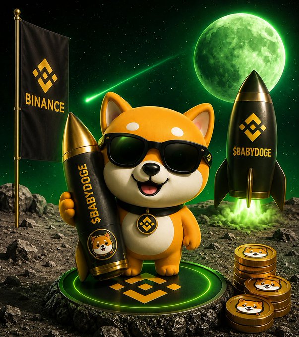 A digital illustration of a Shiba Inu dog mascot wearing sunglasses and holding a rocket labeled '$BABYDOGE', with a 'BINANCE' flag, coins, and a green moon in the background.