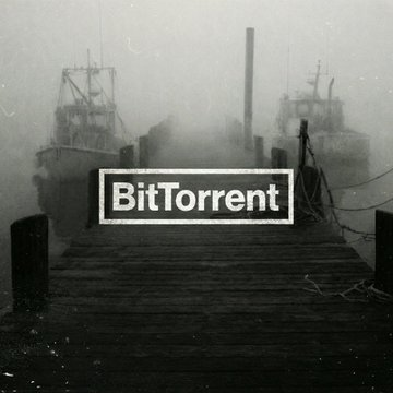 A black and white photograph of a foggy, desolate dock or pier with industrial structures in the background, overlaid with the 'BitTorrent' logo in a rectangular box.