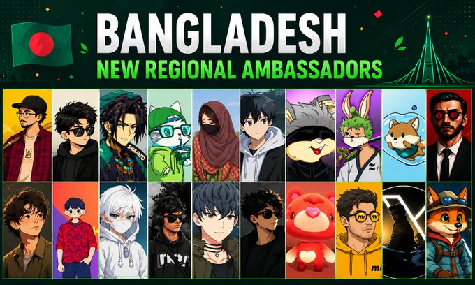 A graphic titled 'BANGLADESH NEW REGIONAL AMBASSADORS' displaying a grid of 18 various anime-style and cartoon characters next to the Bangladesh flag.