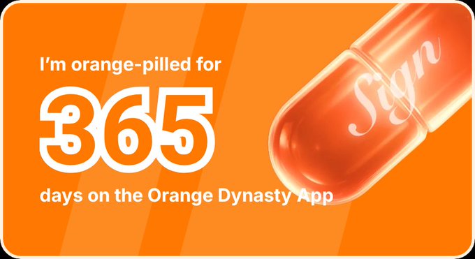 An orange promotional graphic for the 'Orange Dynasty App' celebrating 365 days of usage, featuring 'I'm orange-pilled for 365 days on the Orange Dynasty App' text alongside a stylized orange capsule pill labeled 'Sign'.