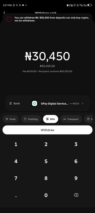 A smartphone screenshot showing a withdrawal interface of ₦30,450 with a message stating 'You can withdraw ₦0. ₦30,450 from deposits can only buy crypto, not be withdrawn.'