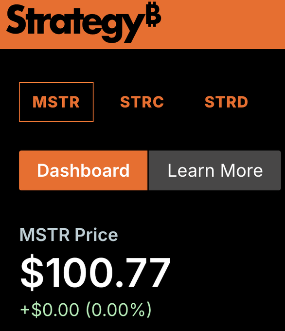 A Strategy (MSTR) mobile app interface showing ticker options MSTR, STRC, and STRD, with an MSTR Price of $100.77 and 0.00% change.