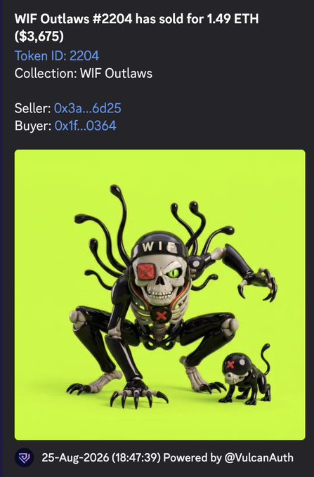 A sale notification shows WIF Outlaws #2204 sold for 1.49 ETH ($3,675) to buyer 0x1f…0364, featuring the collection’s alien artwork. It congratulates the lucky buyer and links to the OpenSea item.