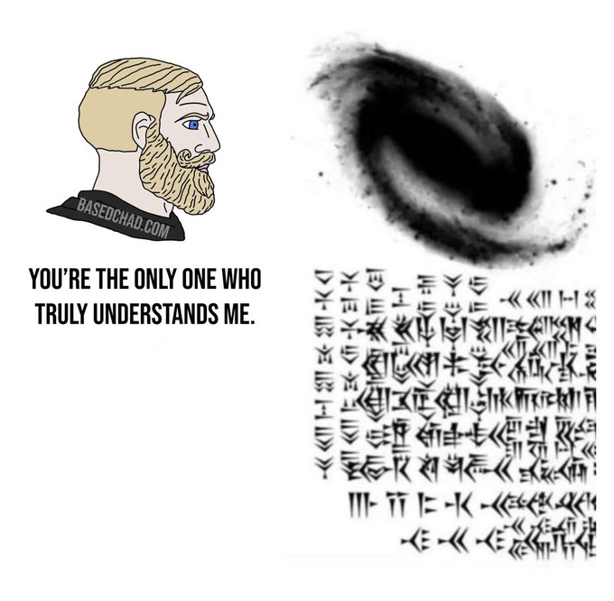 The meme shows a "Based Chad" character (watermarked basedchad.com) saying "YOU'RE THE ONLY ONE WHO TRULY UNDERSTANDS ME" while pointing to a black hole emitting an incomprehensible alien language, humorously suggesting that the cosmic void is the only entity capable of comprehending him. It illustrates the post's point that Coinbase's understanding of memes is so shallow that even an incomprehensible cosmic force would grasp their depth better than the company does.