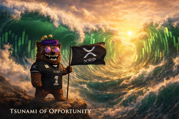 A meme-style image featuring a grinning bear mascot wearing sunglasses, a purple cap, and an XRP jersey, holding an XRP flag while standing on a rock amid a massive green and golden wave, captioned 'TSUNAMI OF OPPORTUNITY.'