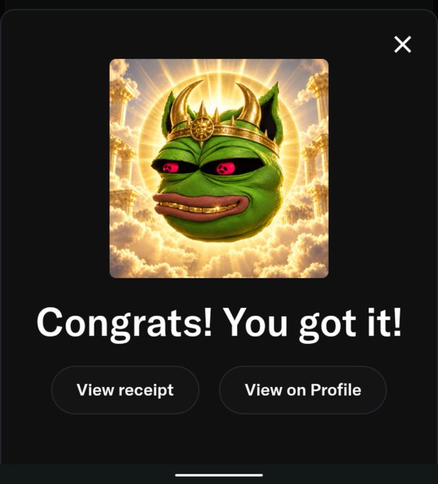 A pop-up notification with an AI-generated green Pepe character wearing a crown, displaying 'Congrats! You got it!' with buttons to 'View receipt' and 'View on Profile'.