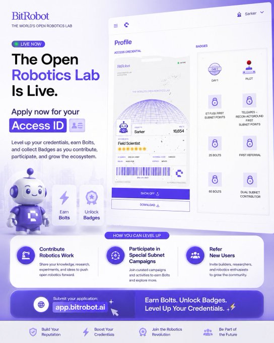 A promotional webpage for "BitRobot" advertising "The Open Robotics Lab Is Live," with text "Apply now for your Access ID" and sections explaining how to contribute, participate, and refer to earn Bolts and Badges.
