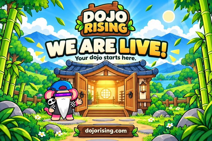 A colorful promotional graphic for "DOJO RISING" with the text "WE ARE LIVE! Your dojo starts here." and "dojorising.com," showing a panda character in a cap standing outside a dojo entrance surrounded by bamboo.