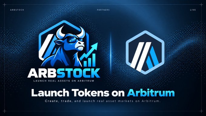 A digital banner reading "ARBSTOCK" with "Launch Tokens on Arbitrum" and "Create, trade, and launch real asset markets on Arbitrum," featuring a bull logo.