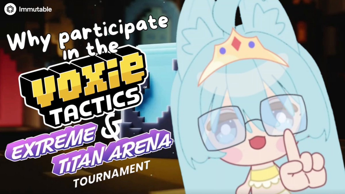 The image features a cartoon girl with blue hair wearing glasses and a crown, holding up her hand as if giving an order or making a point. The text above the image reads "Why participate in the Voxie Tactics tournament? Because @0xPolygon has an ongoing tournament live right now with a 40,000 $VOXEL prize pool! This turn-based strategy RPG is powered by @0xPolygon and quests are now live on @Immutable Play. Qualifying for the tournament is simple and easy." The girl's actions in the image seem to be related to the post about the tournament, as she appears to be making a point or giving an order based on the information provided.