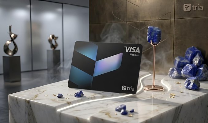 The image features a black Visa card placed on top of a marble table surrounded by blue and gold gemstones. The card has a unique design with a purple border, making it stand out against the white background of the table. In the background, there are two sculptures - one made of metal and another made of stone. These sculptures add an artistic touch to the scene. The text "Visa" is clearly visible on the card, indicating its purpose as a payment method.