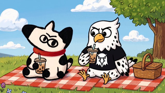 A cartoon cow and owl wearing matching black shirts enjoy bubble tea on a picnic blanket, with a wicker basket nearby under a tree. The wholesome scene pairs with the post announcing $AKAK's arrival to energize the crypto market.