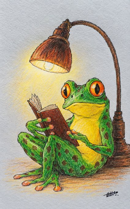A whimsical watercolor painting of a smiling green and yellow frog sitting under a glowing lamp. The frog is engrossed in reading a small brown book.
