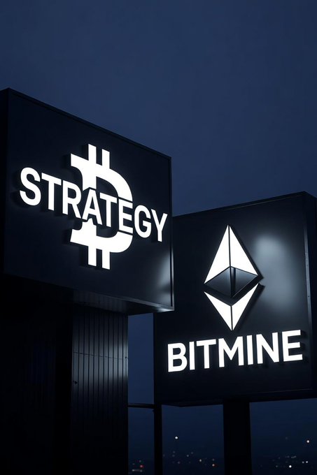 Two illuminated billboards stand against a dark night sky: one displays the Bitcoin logo with the word "STRATEGY" alongside ticker $MSTR, while the other shows the Ethereum logo above the word "BITMINE" (ticker $BMNR). The imagery visually represents the massive paper losses both crypto treasury companies are facing, with Strategy down an estimated $14 billion on its Bitcoin holdings and BitMine down $10 billion on its Ethereum holdings amid the deepening crypto selloff.