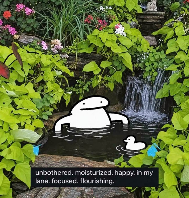 A cartoon-style "unbothered" blob sits peacefully in a garden pond beside a duckling near a small waterfall, mirroring the wholesome, carefree energy of the caption's affirmations ("unbothered. moisturized. happy. in my lane. focused. flourishing.").