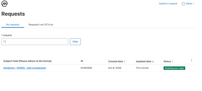 A customer support or task management interface titled 'Requests' shows one entry for 'Pandacoin - PANDA - Add cryptoasset' (#1464806) from Oct 8, 2026, with a status of 'Awaiting your reply'.