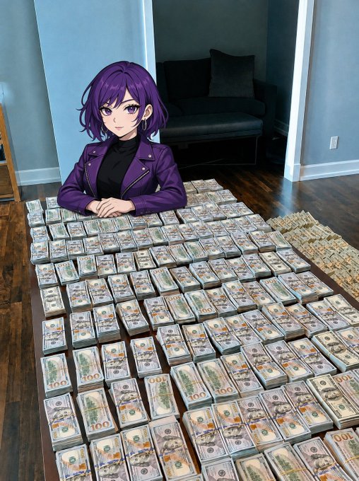 An anime-style character with purple hair and a leather jacket sits at a table covered in neatly stacked bundles of $100 bills, visually representing the massive wealth and financial success anticipated for $TAO holders in the coming months. The image humorously suggests that early investors will be sitting on piles of cash as the token's value appreciates.