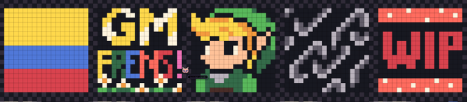 A pixel art graphic featuring the text 'GM FROG' next to a blonde character in green, with a Colombian flag on the left and a 'WIP' sign on the right.