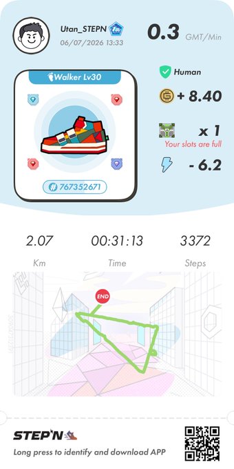 A STEPN fitness app screenshot showing a Walker Lv30 sneaker NFT with 0.3 GMT/Min earnings, 2.07 km, 00:31:13 time, and 3372 steps.