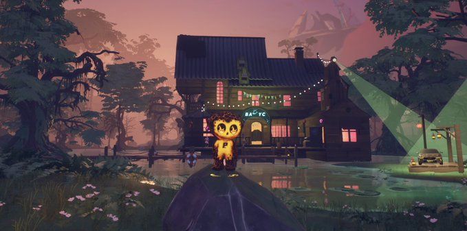 A stylized video game scene featuring a small orange glowing creature standing on a rock in front of a large illuminated house at dusk, with searchlights and a car visible in the background.