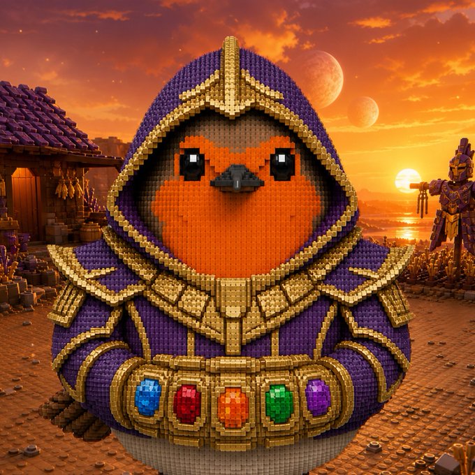 A LEGO brick sculpture of a robin in a purple hooded cloak wielding a belt of colorful Infinity Stones, set against a sunset fantasy backdrop with a distant Thanos-like figure—blending Marvel's "Infinity War" finale with the playful "Guess Who?" game board theme.