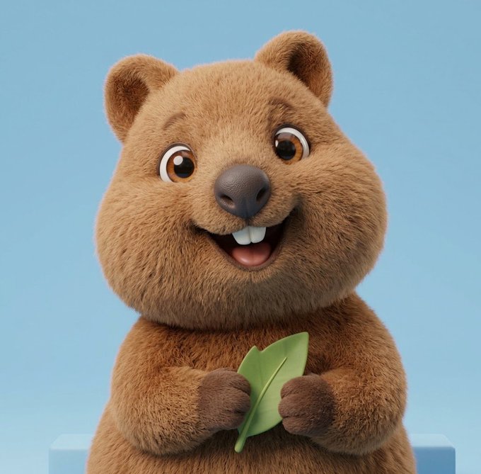 A 3D-rendered cartoon beaver character with brown fur smiles while holding a green leaf against a light blue background.