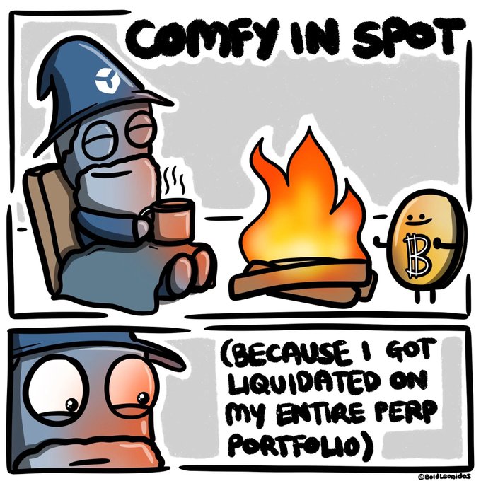 A cartoon wizard sits "COMFY IN SPOT" by a fireplace sipping tea next to a Bitcoin coin, with a second panel revealing his eyes are bloodshot because he "GOT LIQUIDATED ON MY ENTIRE PERP PORTFOLIO," humorously illustrating the perilous difference between holding spot positions (safe and warm) versus leveraged perps (potentially liquidated).