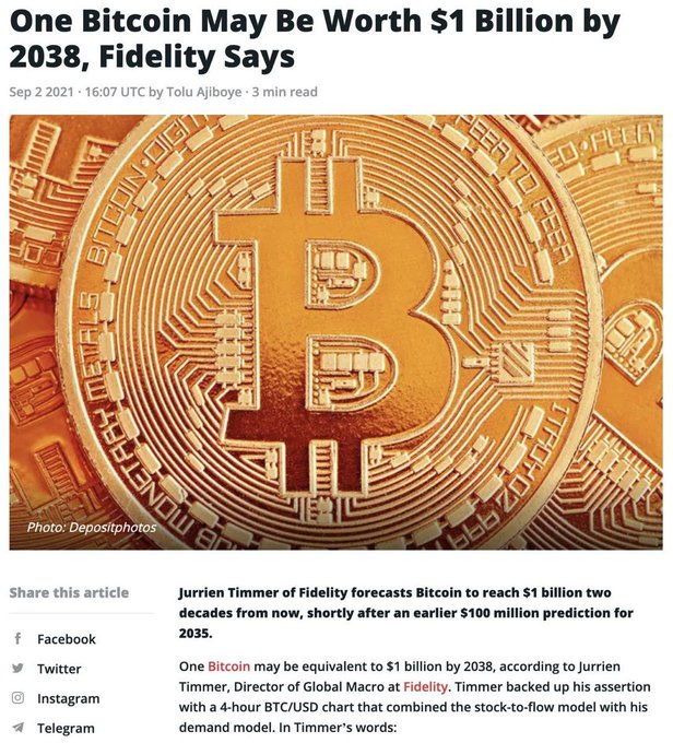 Article headline reading 'One Bitcoin May Be Worth $1 Billion by 2038, Fidelity Says' dated Sep 2 2021, featuring an image of a gold Bitcoin coin.
