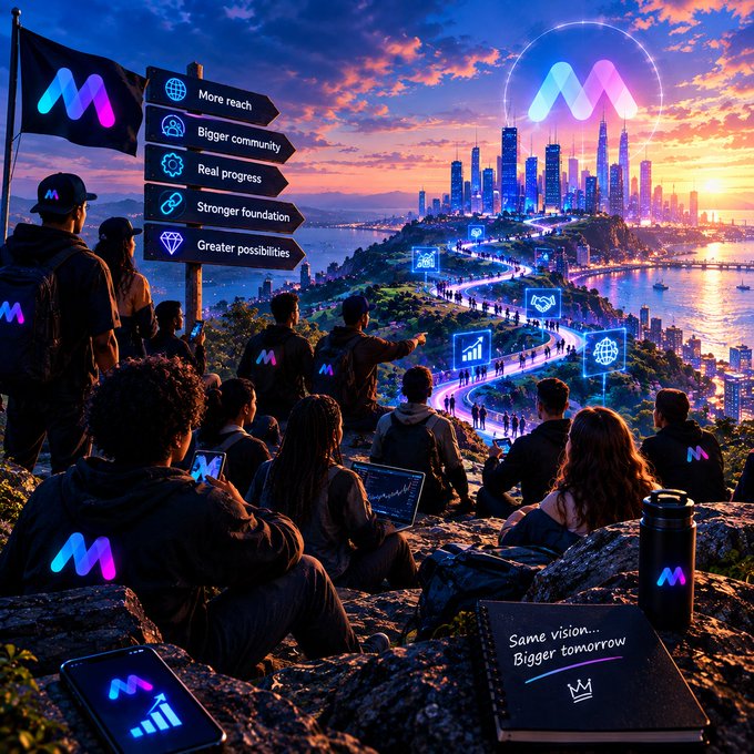 A stylized digital illustration of a group of people with backpacks overlooking a futuristic city at sunset, with signposts reading 'More reach,' 'Bigger community,' 'Real progress,' 'Stronger foundation,' and 'Greater possibilities,' alongside 'M' logos and a notebook saying 'Same vision... Bigger tomorrow.'