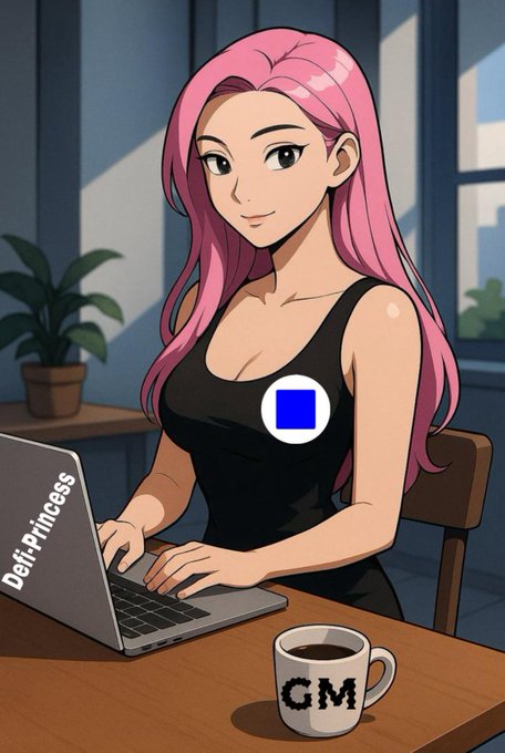 An anime-style illustration of a woman with long pink hair wearing a black tank top, working on a laptop labeled 'DefiPrincess' at a desk with a coffee mug marked 'GM' and a plant in the background.
