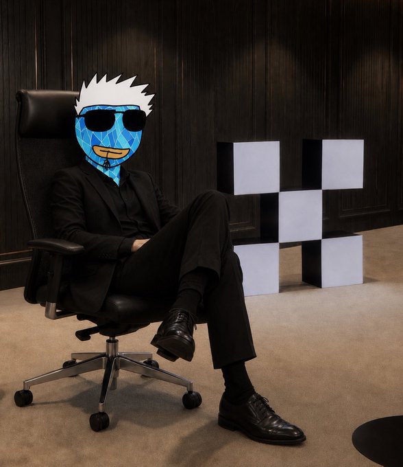 A digital artwork featuring a figure in a black suit sitting in an office chair, with a stylized blue diamond-patterned cartoon face wearing sunglasses instead of a real head, posed against a dark wood-paneled background.