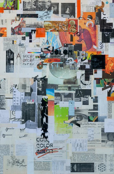A chaotic mixed-media collage artwork incorporating newspaper clippings, text fragments reading 'DECAY DECAY DECAY' and 'COLOR', various images, and graffiti-style elements.