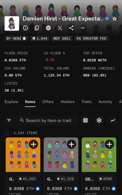 A mobile app screen displaying an NFT marketplace listing for the 'Damien Hirst - Great Expectations' collection, showing a floor price of 0.0368 ETH and 1,544 items.