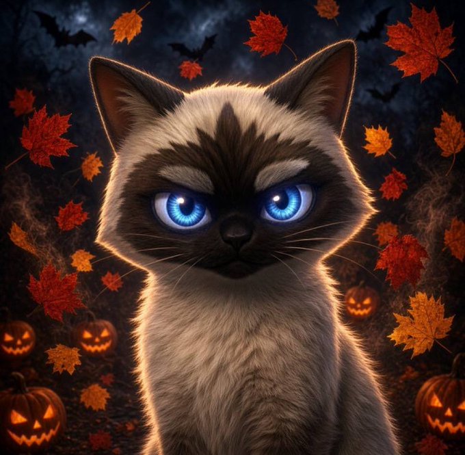 A digital artwork of a Siamese-like cat with glowing blue eyes, surrounded by falling autumn leaves, bats, and glowing jack-o'-lanterns in a Halloween setting.