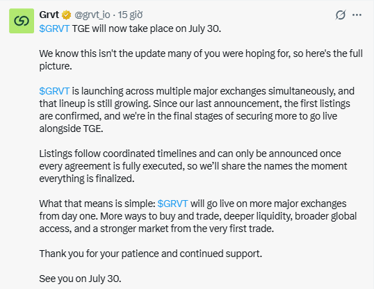 The image shows a tweet from Grvt (@grvt_io) announcing that $GRVT TGE will now take place on July 30, with details about upcoming multi-exchange listings. The accompanying caption expresses anticipation for this TGE launch, reflecting the poster's personal interest in the $GRVT project.