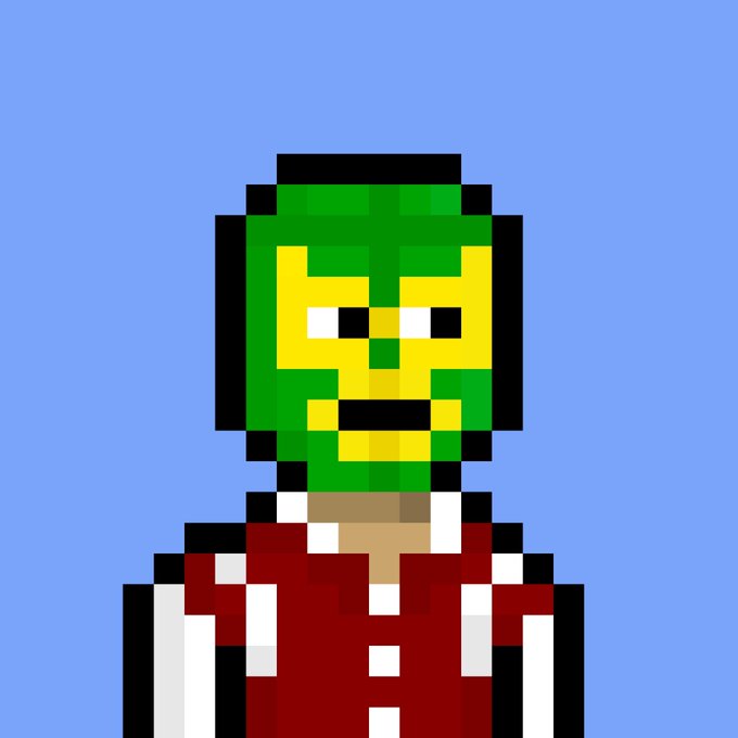 A pixel art portrait of a character wearing a green and yellow lucha libre-style mask and a red and white outfit against a blue background.