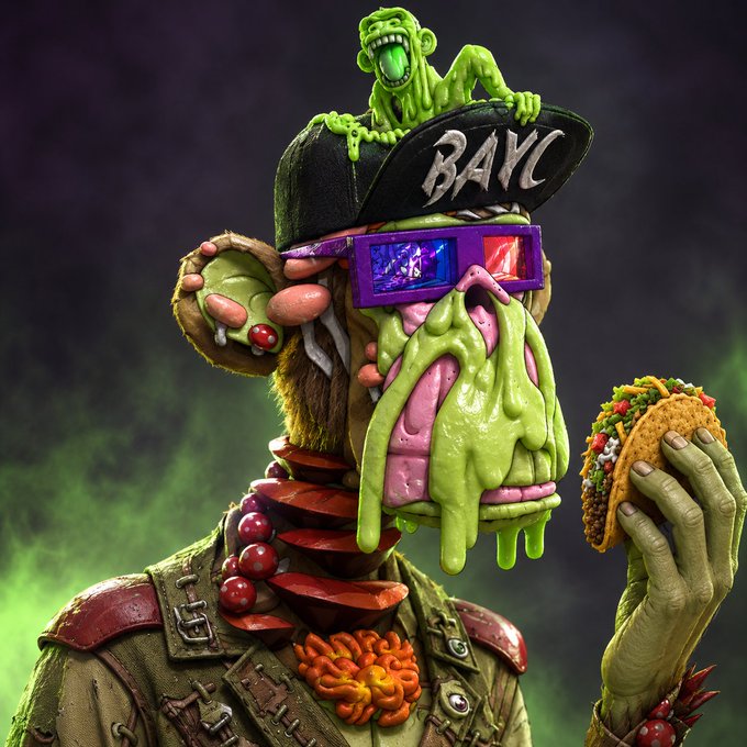 A grotesque 3D-rendered Bored Ape Yacht Club (BAYC) NFT character with green slime, colorful visor, and a small green ape on its cap, holding a taco.