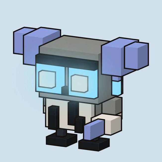 A 3D rendered voxel-style character with a gray boxy body, blue eyes, and purple hair buns standing against a light blue background.