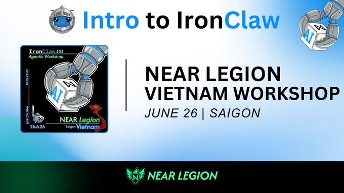 The image features a poster for an event called "Near League Vietnam Workshop" that takes place in Ho Chi Minh City from June 26th - 28th, Saigon. The poster includes information about the workshop's theme, which is focused on learning to run secure agents using NEAR AI Cloud. It also mentions that there are two robots present at the workshop: one robot is blue and silver, while the other is black and white. The event aims to bring together people interested in learning how to use these robots for various tasks or projects.
