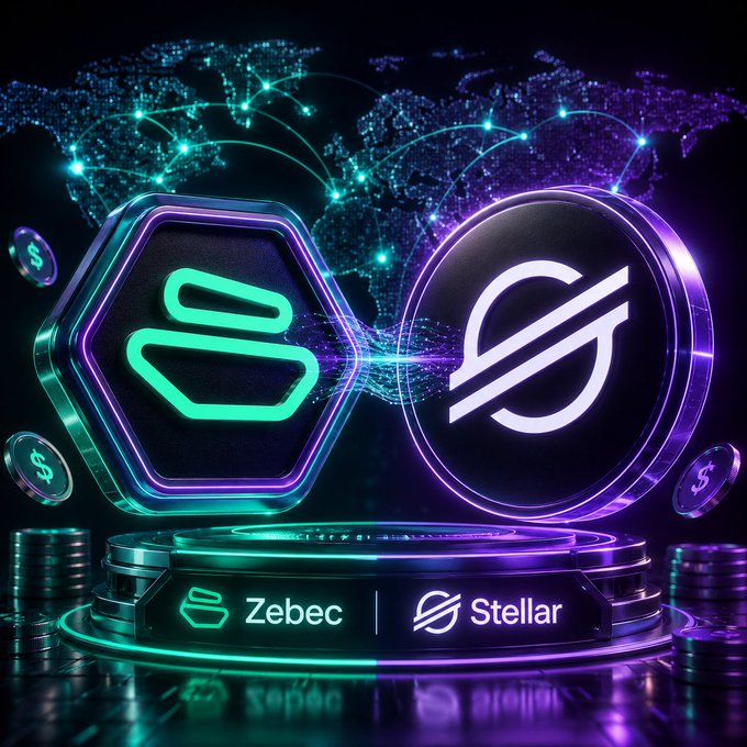 The image features a logo for Zebec and a logo for Stellar, both of which are associated with the launch of an Enterprise Payroll platform that enables companies worldwide to make instant stablecoin payments to employees and contractors. The logos are displayed on a black background, surrounded by coins in shades of purple and green.