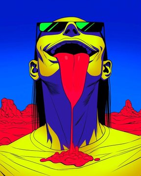 A pop-art style illustration features a person with yellow skin and a blue neck wearing sunglasses, with an exaggerated long red tongue extending from their mouth, set against a blue sky and red landscape.